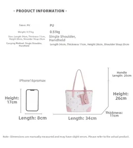 Size comparison of light pink printed tote bag with dimensions and phone reference