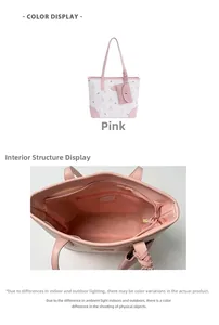 Detail view of pink tote bag showing internal zipper pocket and printed rabbit pattern