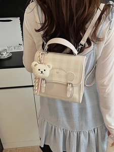 Mini Sac à Dos à Carreaux Mode pour Femmes en Cuir PU Couleur Contrastée Petit Cartable Avec Pendentif Ours Mignon