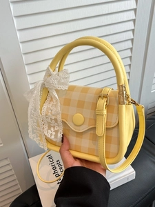 French Vintage PU Leather Crossbody Bag For Women Chic Gingham Square Tote Bag With Lace Bow Sweet Commuter Handbag