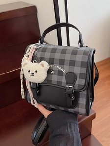 Mini sac à dos patchwork à carreaux avec broderie nœud et porte-clés ours blanc