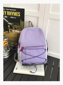 Detail of a purple and grey nylon backpack with blue elastic bungee cord and red zipper