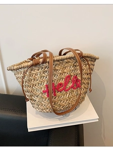 Sac à Épaule en Paille Tissée Femme Grande Capacité Broderie Lettre Hello Été Plage Vacances Décontracté Sac Fourre-Tout à Cordon
