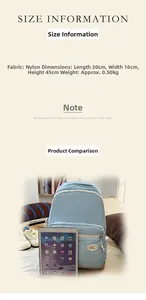 Size guide for nylon casual backpack showing dimensions and tablet size comparison