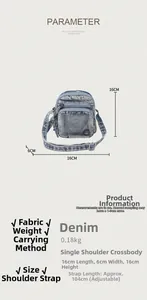 Vue détaillée du mini sac bandoulière en jean bleu délavé avec dimensions et bandoulière