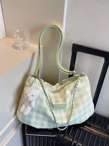 Green gingham large capacity crossbody tote bag with plush bear charm and chain