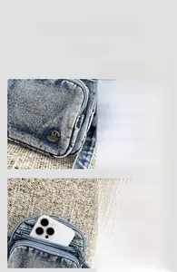 Détails du sac à bandoulière en denim délavé avec poche zippée à l'avant et logo en métal