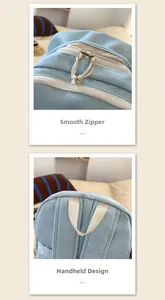 Detail of smooth silver zippers and reinforced carry handle on a light blue backpack