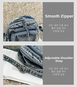 Vue détaillée du zip fluide et de la bandoulière réglable sur le sac en jean bleu