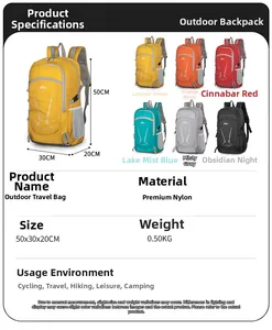 Detailed size chart for the 50x30x20cm lightweight waterproof nylon hiking backpack