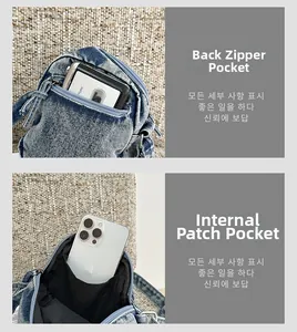 Détail de la poche zippée arrière et du compartiment intérieur du sac en jean délavé