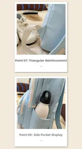 Detail of light blue backpack showing reinforced shoulder straps and side pocket with bottle