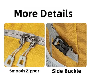 Detail of yellow tear-resistant fabric with smooth grey zippers and plastic buckles