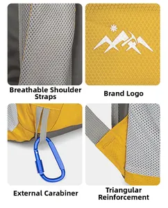 Detail of yellow outdoor backpack with waterproof fabric, carabiner and mesh strap