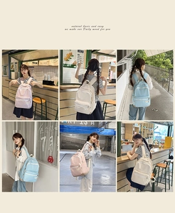 Three casual solid color backpacks shown in pink, white, and blue waterproof nylon fabric