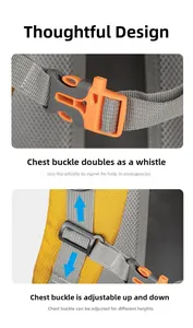 Detail of outdoor backpack chest strap with integrated whistle and slider adjustment