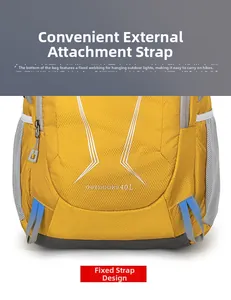 Detail of 40L hiking backpack showing bottom attachment straps and ripstop fabric texture