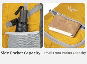 Detail of yellow waterproof outdoor backpack showing side mesh pocket and front zipper storage
