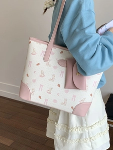 Floral print tote bag for women with bunny patterns and matching pink coin purse