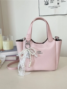 Premium PU Leather Pleated Bucket Bag For Women Fashion Versatile Crossbody Handbag With Elegant Lace Artificial Pearl Pendant