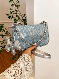 Women Fashion Sequin PU Underarm Bag Denim Texture Rhinestone Chain Shoulder Bag Casual Versatile Crossbody Bag With Dog Charm