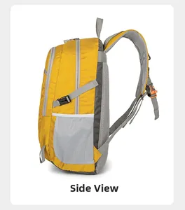 Side view of waterproof outdoor backpack with mesh pocket and orange chest buckle