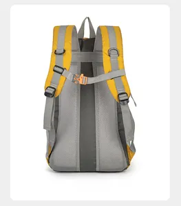 Ergonomic back view of a yellow and grey waterproof backpack with breathable mesh padding