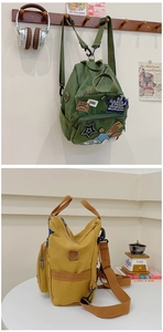 Detailansicht von Vintage-Canvas-Rucksäcken mit Retro-Aufnähern und Multi-Pocket-Design