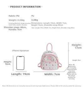 Size chart for quilted PU backpack with dimensions 19x16x7cm compared to iPhone 16 Pro Max