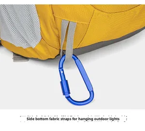 Detail of backpack side webbing loop with a blue carabiner for hanging outdoor gear