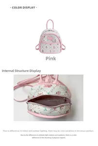 Detailed interior compartment and cartoon bear pattern of the pink mini backpack
