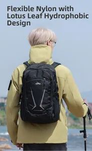 Close-up of 40L waterproof nylon backpack showing durable hydrophobic material for hiking