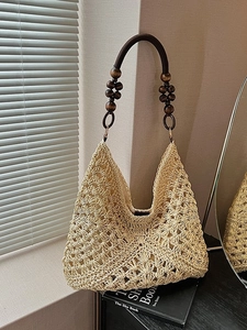 Large Capacity Straw Woven Shoulder Bag For Women Hollow Out Design With Wood Bead Strap Summer Vacation Tote Bag