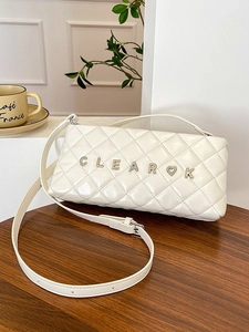 Fashion Women Quilted Shoulder Bag PU Leather Argyle Pattern Metallic Letter Decor Casual Crossbody Bag Square Bag Handbag