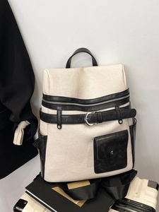 Retro canvas and leather patchwork backpack with contrast buckles and large capacity