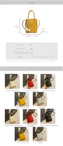 Size chart and color selection of mini bucket bags with floral charms and shoulder straps