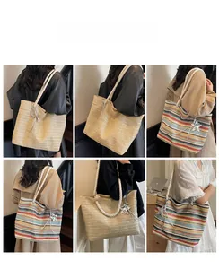 Multiple views showing woven tote bags with thick rope handles for summer vacation