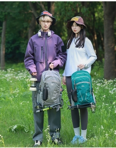 Detail of waterproof outdoor backpacks with multi-pocket system and trekking pole straps