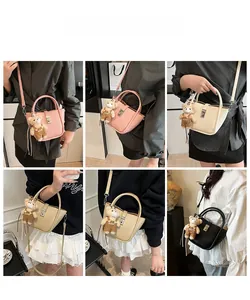 Collage of model wearing a stylish bucket bag with a plush bear charm and crossbody strap