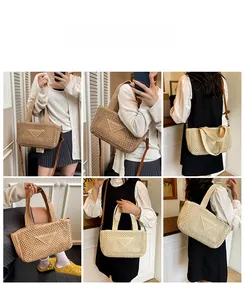 Detail view of woven tote with hollow mesh pattern and premium brown leather shoulder strap