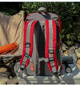 Detail of outdoor backpack with breathable grey mesh back panel and padded red straps