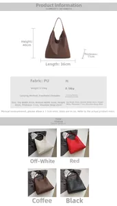 Size chart for large vintage PU leather tote bag with dimensions and four color options