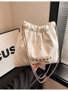 Quilted PU Leather Bucket Bag For Women Large Capacity Pleated Chain Crossbody Bag Casual Fashion Handbag Shoulder Bag