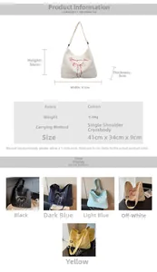 Size chart showing large canvas tote bag dimensions 41x34x9cm and color options