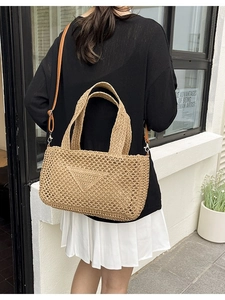 Summer woven knit tote bag with large capacity and adjustable crossbody leather strap