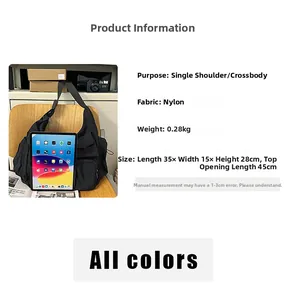Detailed view of black nylon tote bag specifications with size L35xW15xH28cm and weight 0.28kg