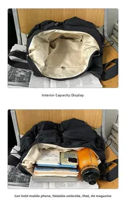 Macro detail of large capacity black nylon tote bag showing spacious interior for laptop
