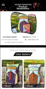 Detailed size specifications for color-blocked nylon outdoor backpack on grass