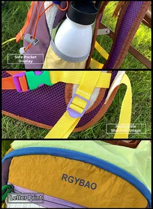 Detailed view of outdoor backpack with side pocket, adjustable straps and letter print