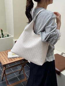 White woven faux leather tote bag for women showing a minimalist casual daily shoulder style